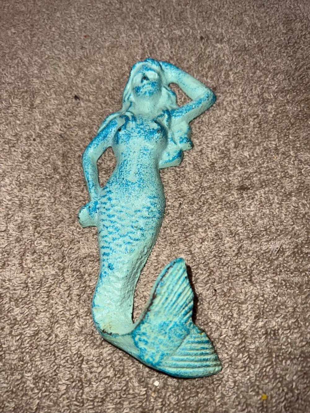 Vintage Cast Iron Mermaid Wall Hook Rustic Blue Coastal Beach Nautical Whimsical